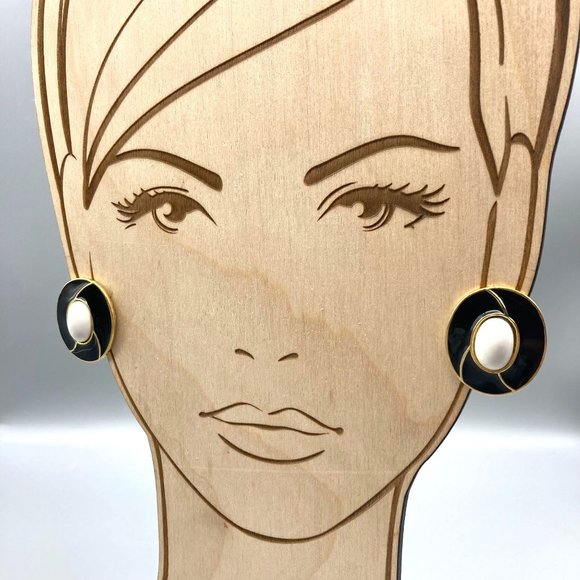 Basic Chic Earrings, Black Enamel and Gold Tone Studs with White Cabochon Center - Picture 6 of 6